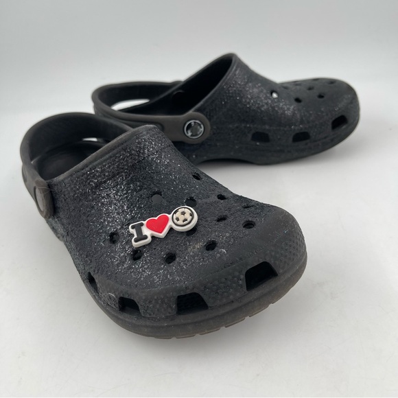 Crocs Unisex Kids Classic Black Glitter Clog Mules Shoes - Size 1 Youth - Picture 2 of 12
